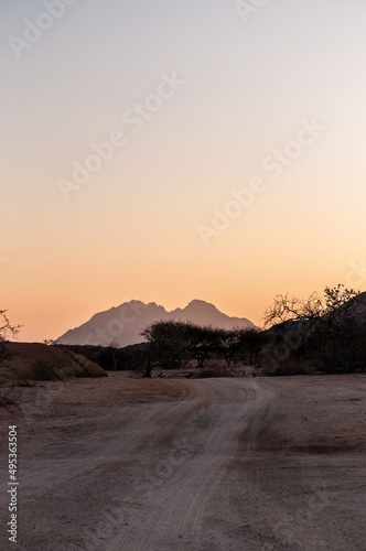 Landscape shot of the Namibian desert near Spitzkoppe, around sunset.