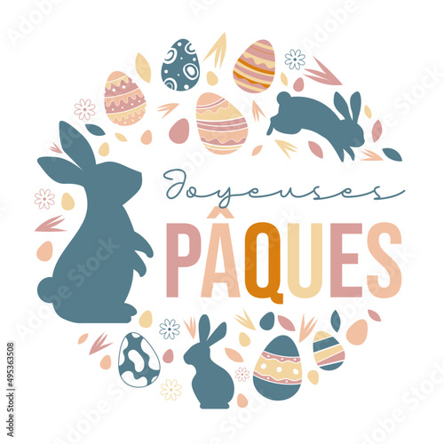 Joyeuses Pâques - Titre, lapins et œufs de Pâques.