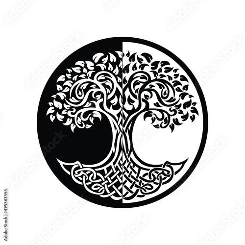 Vector illustration of black and white tree and roots forming a circle