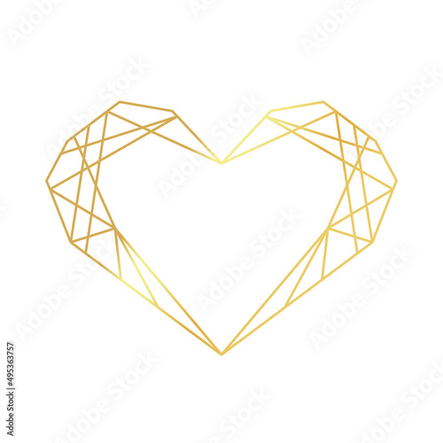 Golden geometric heart frame. Luxury polygonal border for decoration valentine's day, wedding invitations, greeting cards. Vector illustration isolated on white background