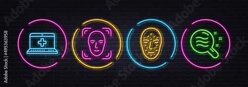 Medical help, Face detection and Face biometrics minimal line icons. Neon laser 3d lights. Skin condition icons. For web, application, printing. Vector