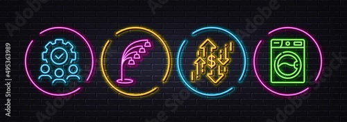 Dollar rate, Floor lamp and Teamwork minimal line icons. Neon laser 3d lights. Washing machine icons. For web, application, printing. Currency changes, Stand lamp, Workflow. Laundry. Vector