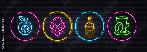 Ice cream, Medical food and Scotch bottle minimal line icons. Neon laser 3d lights. Coffee cup icons. For web, application, printing. Bubble waffle, Apple, Brandy alcohol. Latte drink. Vector
