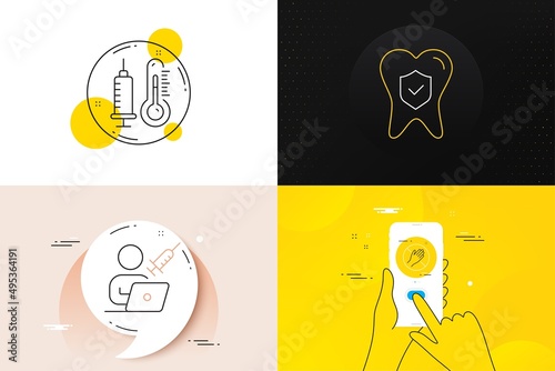 Minimal set of Vaccination appointment, Thermometer and Dental insurance line icons. Phone screen, Quote banners. Dont touch icons. For web development. Vector