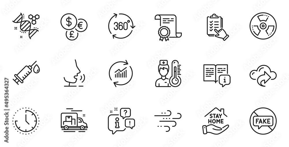Outline set of Thermometer, Manual and Cloud share line icons for web application. Talk, information, delivery truck outline icon. Include Money currency, Medical syringe, Checklist icons. Vector