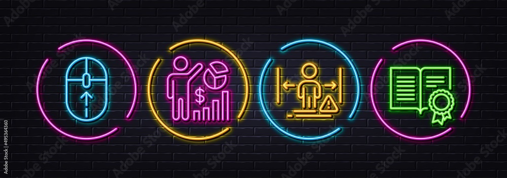 Social distance, Seo statistics and Swipe up minimal line icons. Neon laser 3d lights. Diploma icons. For web, application, printing. People protection, Analytics chart, Scrolling page. Vector