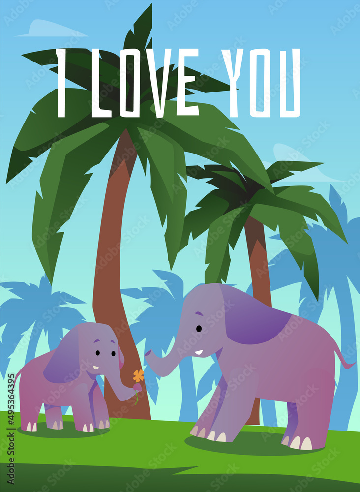 Fototapeta premium Love you card for Mother day with family of elephants, flat vector illustration.