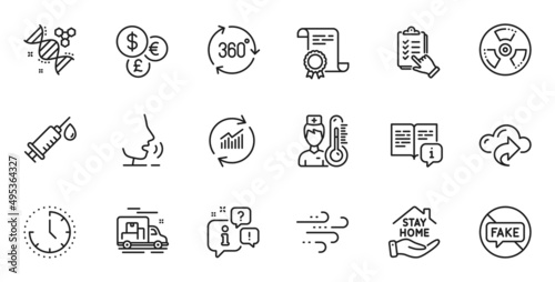 Outline set of Thermometer  Manual and Cloud share line icons for web application. Talk  information  delivery truck outline icon. Include Money currency  Medical syringe  Checklist icons. Vector
