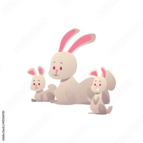 Happy rabbits family of mother and children, flat vector illustration isolated.