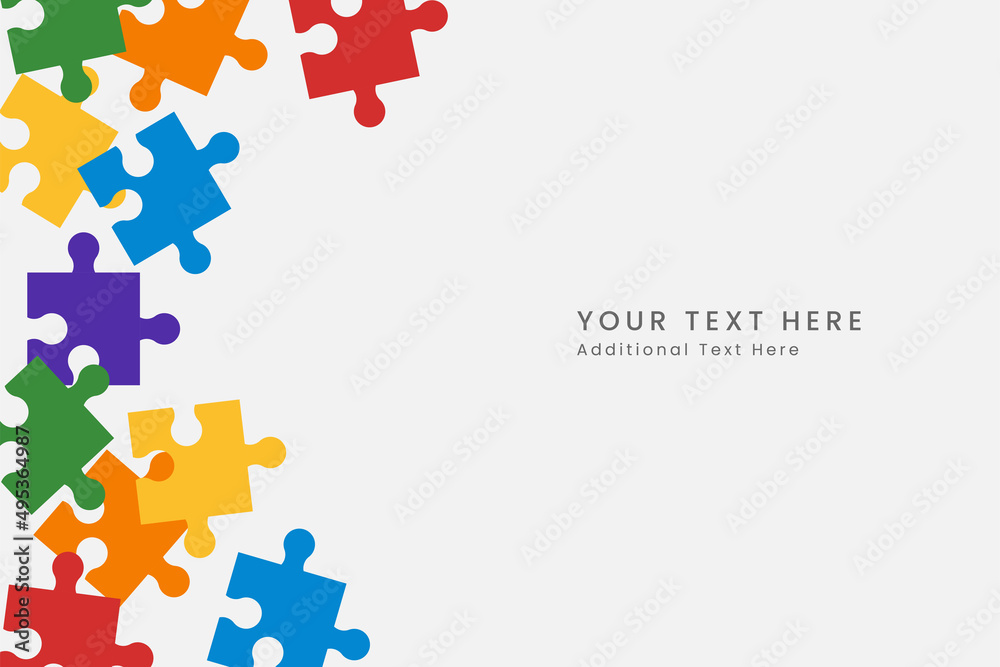 Colorful rainbow puzzle jigsaw pieces frame background. Purple, yellow, blue, green, red, orange puzzle separate pieces mosaic , detail, tile. Modern game team group template.