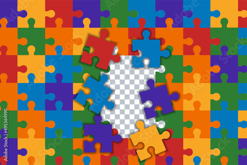 Colorful rainbow puzzle jigsaw pieces frame background. Purple, yellow, blue, green, red, orange puzzle separate pieces mosaic , detail, tile. Modern game team group template.