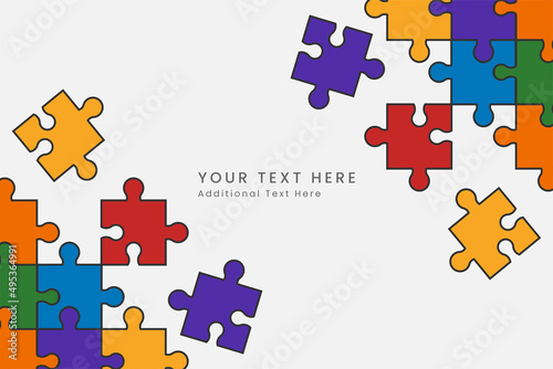 Colorful rainbow puzzle jigsaw pieces frame background. Purple, yellow, blue, green, red, orange puzzle separate pieces mosaic , detail, tile. Modern game team group template.