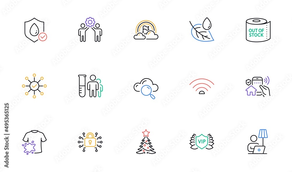 Employees teamwork, Cloud computing and Survey check line icons for website, printing. Collection of Christmas tree, Vip security, Wifi icons. Leaf dew, House security. Vector