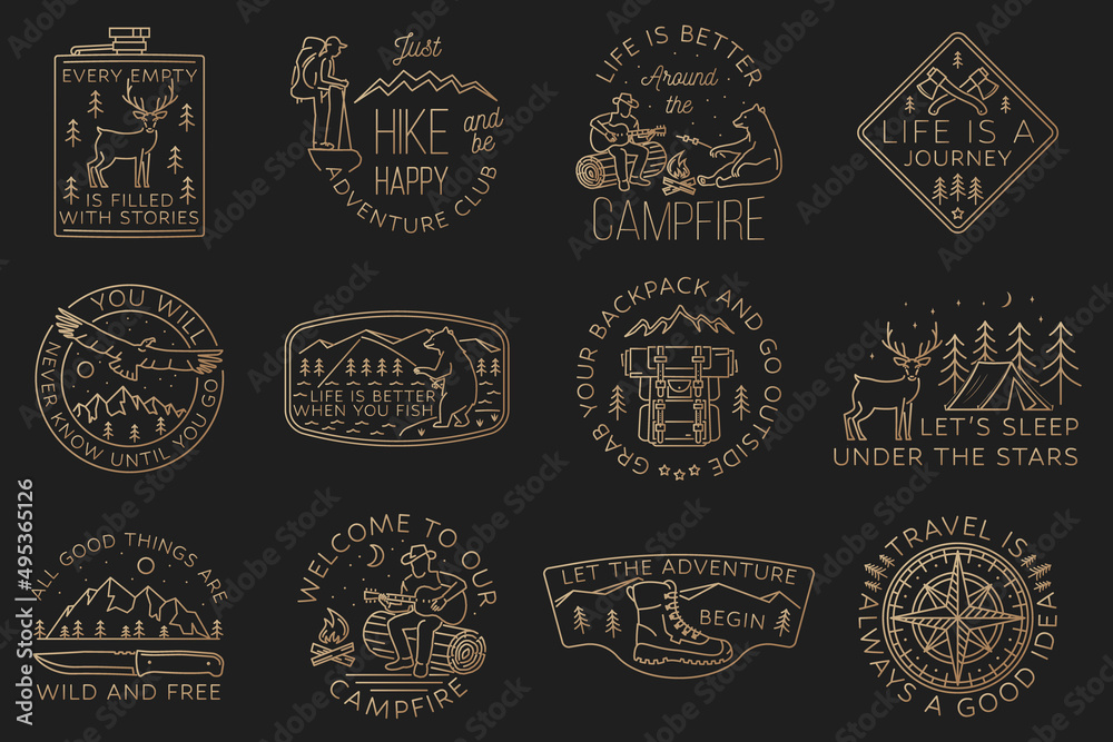 Set of camping badges, patches. Vector. Concept for shirt or logo, print, stamp or tee. Vintage line art design with camper tent, hiker, fishing bear, bear, man with guitar,and mountain.