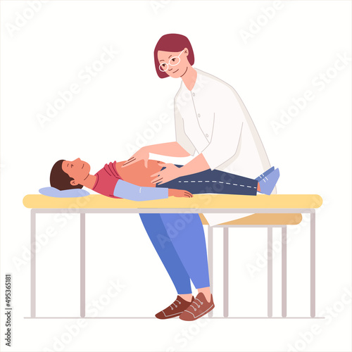 Bellyache, diarrhea or constipation, health concept. Doctor palpates child's abdomen. Vector illustration flat cartoon isolated white background.