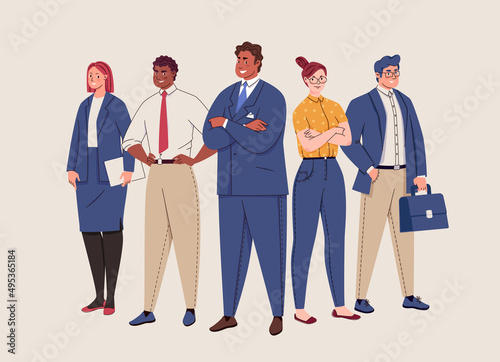Business people concept. Young, confident men and women - businessmen, entrepreneurs, economists, lawyers. Team and leader. Colorful flat vector isolated illustration.