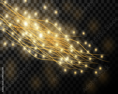 Abstract golden lines, beautiful waves, glitter and dust effect, bright flashes on a transparent background