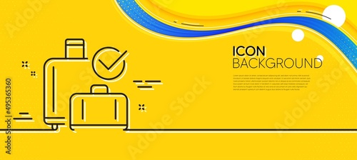 Airport baggage reclaim line icon. Abstract yellow background. Airplane check in luggage sign. Flight checked bag symbol. Minimal baggage reclaim line icon. Wave banner concept. Vector