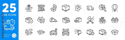 Outline icons set. Hold box, Parcel tracking and Delivery location icons. Airplane, Vip parcel, Lighthouse web elements. Honeymoon travel, Truck delivery, Packing boxes signs. Parking. Vector
