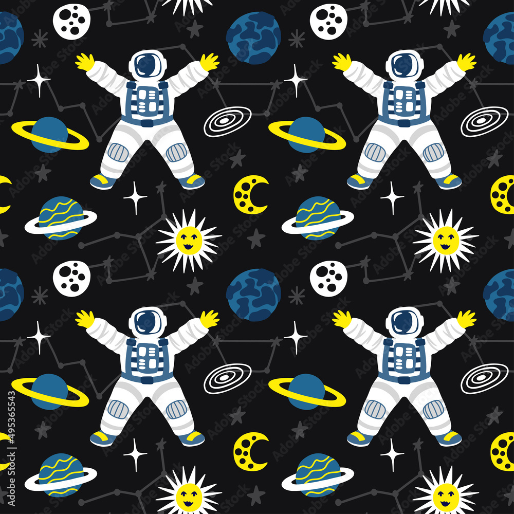 Seamless space pattern with astronaut, planets and constellations