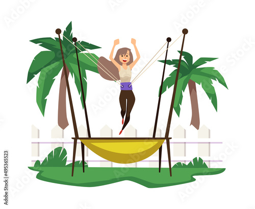 Girl jumping on trampoline with rope bandage, flat vector illustration isolated.
