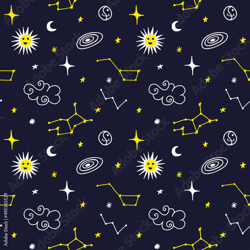 Seamless pattern with a starry sky, clouds, constellations and stars