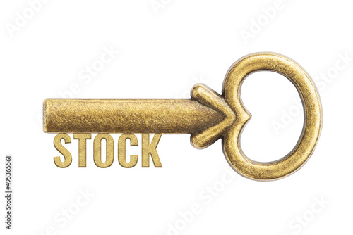 Bronze vintage antique key with word Stock isolated on white background