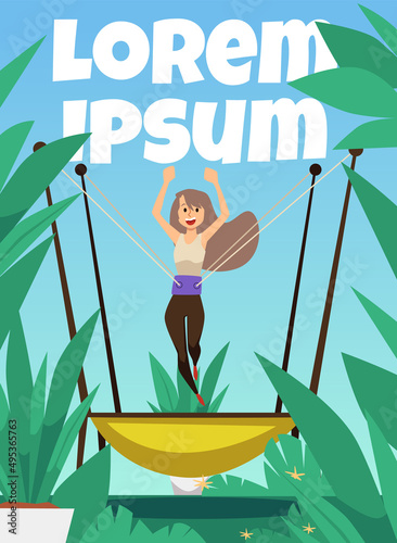 Poster with girl jumping with trampoline jumping rope flat vector illustration.