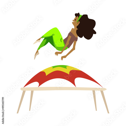 Young girl jumping with trampoline flat cartoon vector illustration isolated.
