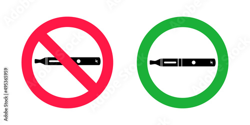 No vaping and vaping area signs. Red forbidden and green allowed circles signs icon isolated on white background vector illustration. Vape and smoke prohibition and green access circles set.