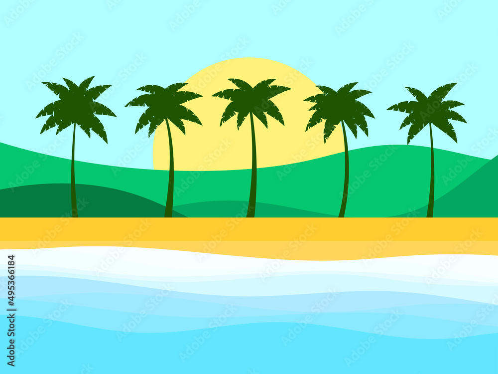 Beach with palm trees, sun and green hills. Summer time. Tropical landscape in flat style. Coastline. Design for banners, posters and promotional items. Vector illustration