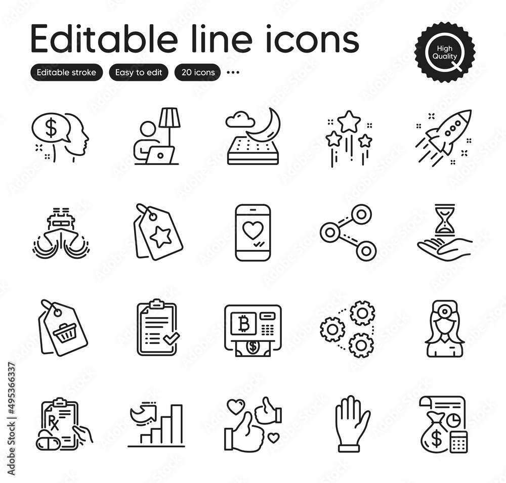 Set of Business outline icons. Contains icons as Floor lamp, Stars and Ship elements. Sale tag, Like, Approved checklist web signs. Time hourglass, Hand, Startup rocket elements. Share. Vector