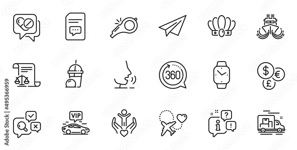 Fototapeta premium Outline set of Volunteer, Vip transfer and 360 degrees line icons for web application. Talk, information, delivery truck outline icon. Vector