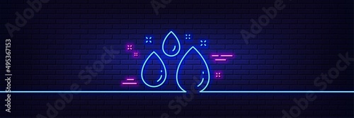 Neon light glow effect. Water drop line icon. Clean aqua sign. Liquid symbol. 3d line neon glow icon. Brick wall banner. Water drop outline. Vector