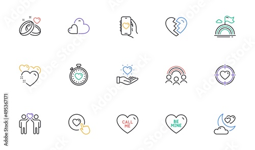 Dating app  Lgbt and Valentine target line icons for website  printing. Collection of Heart  Inclusion  Like button icons. Care  Be mine  Break up web elements. Friends couple  Call me. Vector