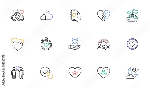 Dating app, Lgbt and Valentine target line icons for website, printing. Collection of Heart, Inclusion, Like button icons. Care, Be mine, Break up web elements. Friends couple, Call me. Vector