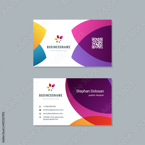 Business card design trendy colorful template modern corporate branding style vector illustration. Two sides with abstract logo on clean background.