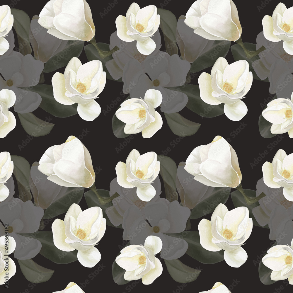 Fototapeta premium Watercolor white magnolia seamless pattern on dark background, white flowers paper, fabric design