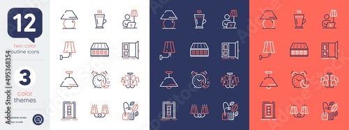 Set of Wall lamp, Mint bag and Ceiling lamp line icons. Include Chandelier, Alarm, Mattress icons. Open door, Sconce light, Door web elements. Latte. For web, application. Electric sconce. Vector
