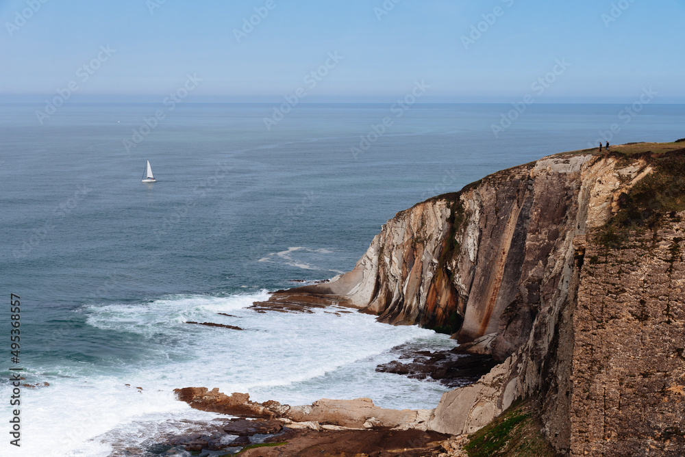 The coast of Biscay near Getxo. Beautiful cliffs and seascape in the northern of Spain. Cantabrian sea. Gorrondatxe Hondartza. Sopelana