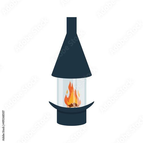 Modern fireplace with glass hearth and fire inside, flat vector illustration isolated on white background.