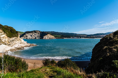 The coast of Biscay near Getxo. Beautiful cliffs and seascape in the northern of Spain. Cantabrian sea. Gorrondatxe Hondartza. Sopelana