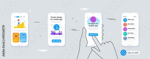 Set of Award app, Fake review and Cogwheel line icons. Phone ui interface. Include 360 degrees, Outsource work, Yummy smile icons. Time, Web photo, Favorite web elements. For web, application. Vector