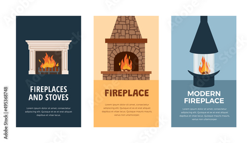 Fireplace and stove advertising banners or posters flat vector illustration.