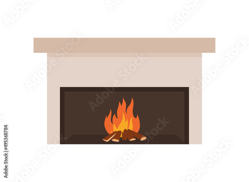 Interior fireplace with mantelpiece and flame flat vector illustration isolated.