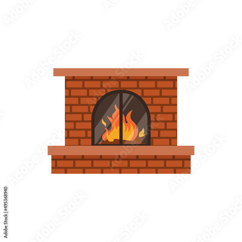 Traditional brick fireplace with fire behind glass, flat vector illustration isolated on white background.