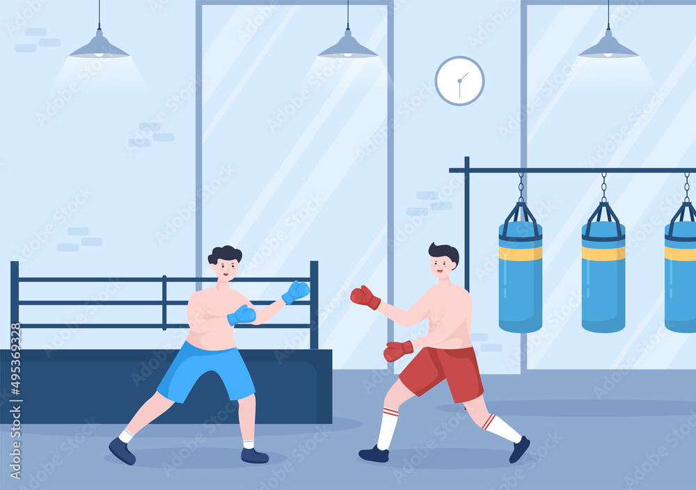 Professional Boxing Sport Wearing Boxer, Ring, Belt, Punch Bags, Red Gloves and Helmet When Competing, Sparring or Practicing in Flat Cartoon Illustration