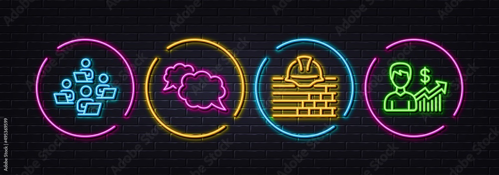 Build, Messenger and Teamwork minimal line icons. Neon laser 3d lights. Business growth icons. For web, application, printing. Construction service, Speech bubble, Remote work. Vector