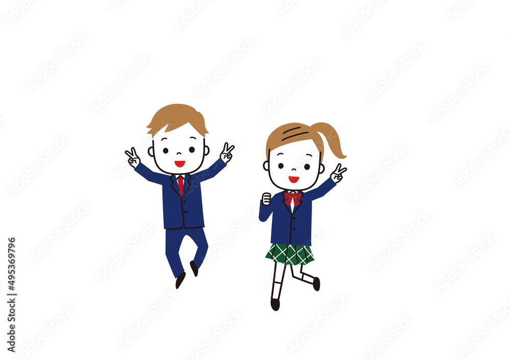 制服姿でVサインをしてジャンプする男女学生 制服姿でVサインをしてジャンプする男女学生