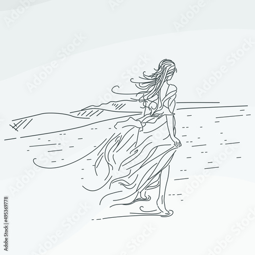 Vector illustration of girl walking in windy mountains